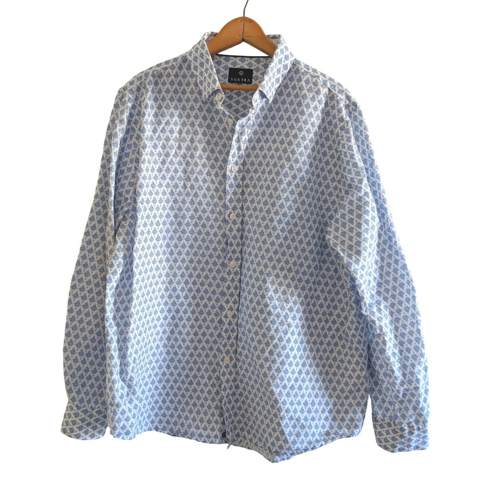 Vustra Mens XL Linen Cotton Blend Blue White Long Sleeve Button Down Shirt